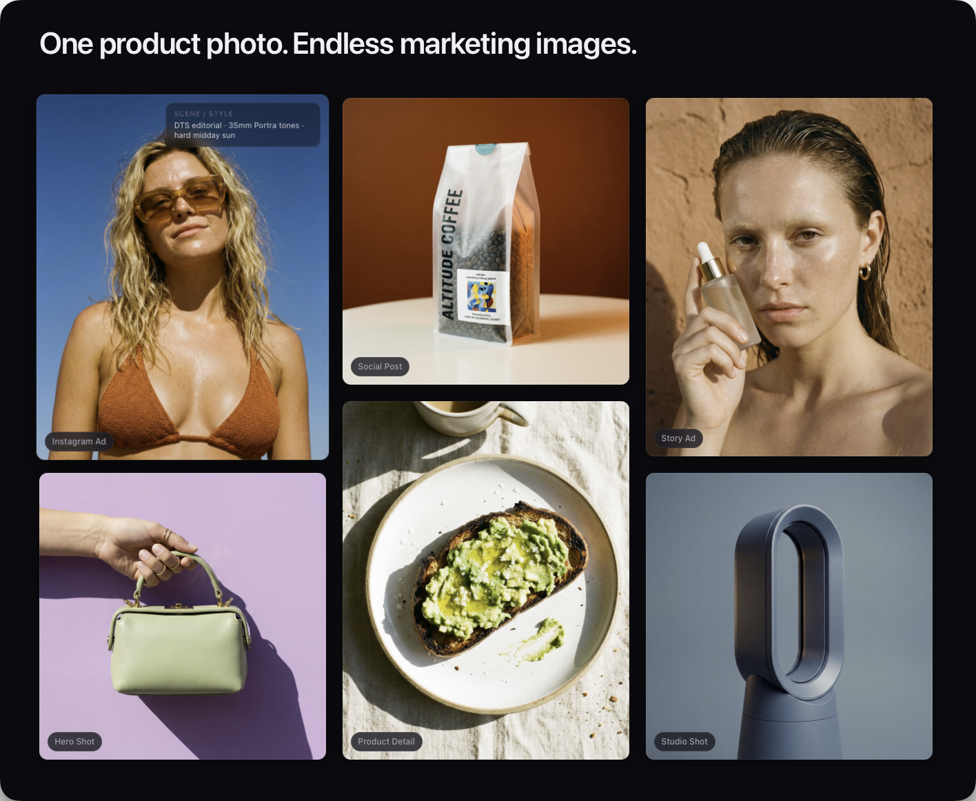 Variantly marketing collage showing generated product and lifestyle images.